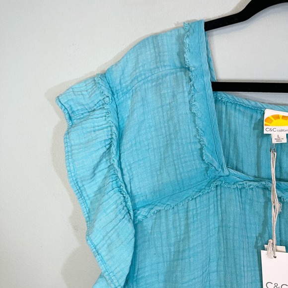 C&C California Blue Cotton Square Flutter Ruffle Sleeve Peplum Blouse Large NWT - Picture 8 of 10